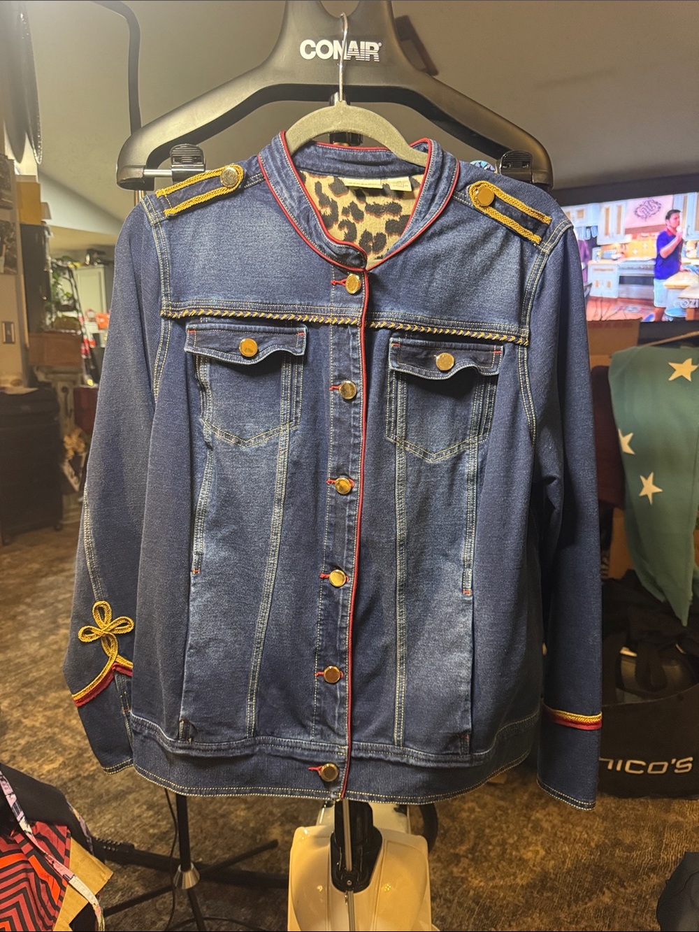 Chico's Blue Denim Military-Style Jacket with Gold Trim size 2 #230